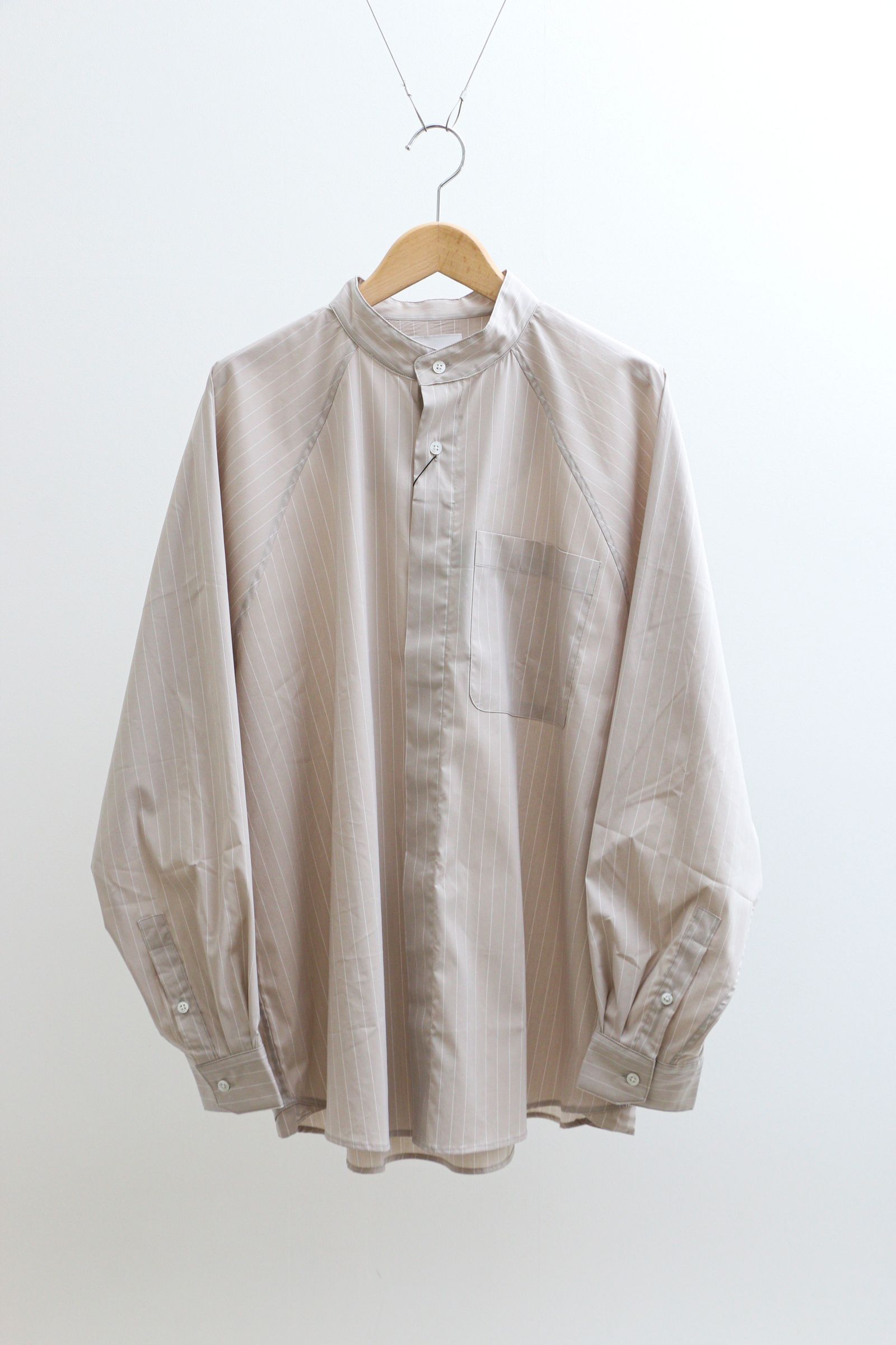 I - Striped Raglan Sleeve Band Collar Shirt BEIGE STRIPE | koko