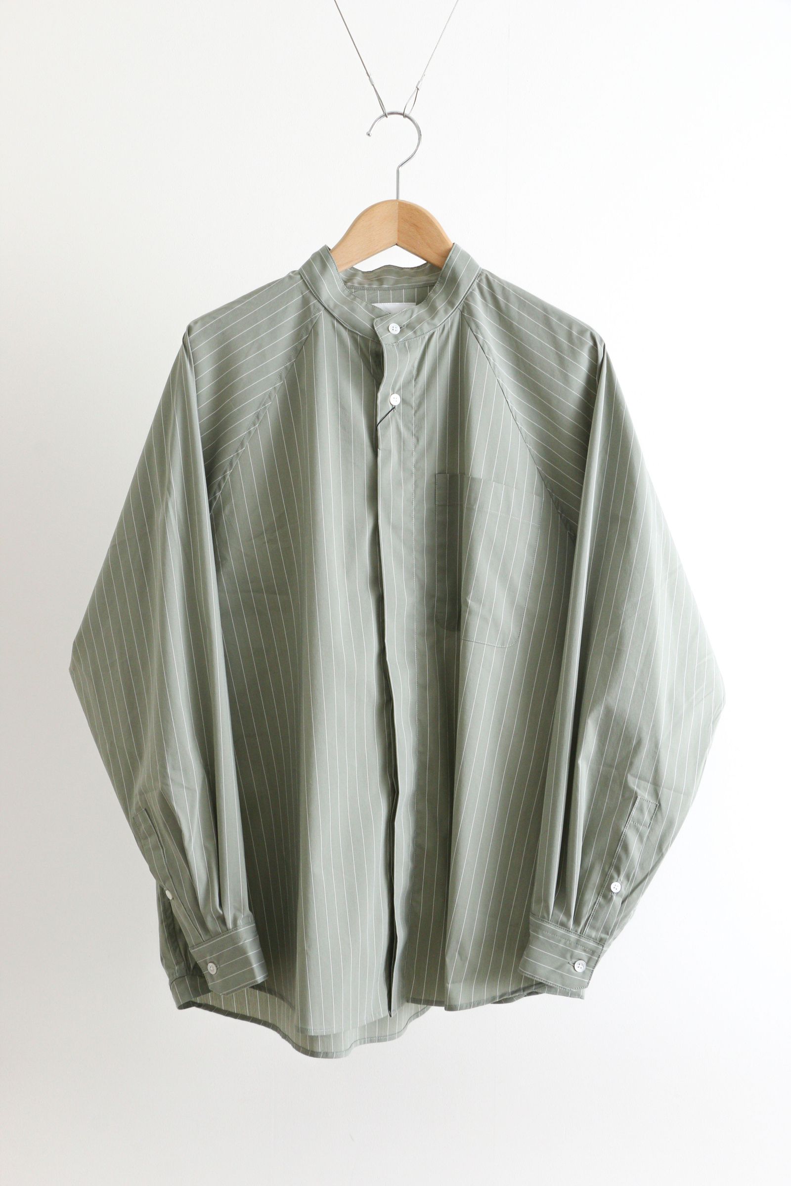 I - Striped Raglan Sleeve Band Collar Shirt SAGE STRIPE | koko