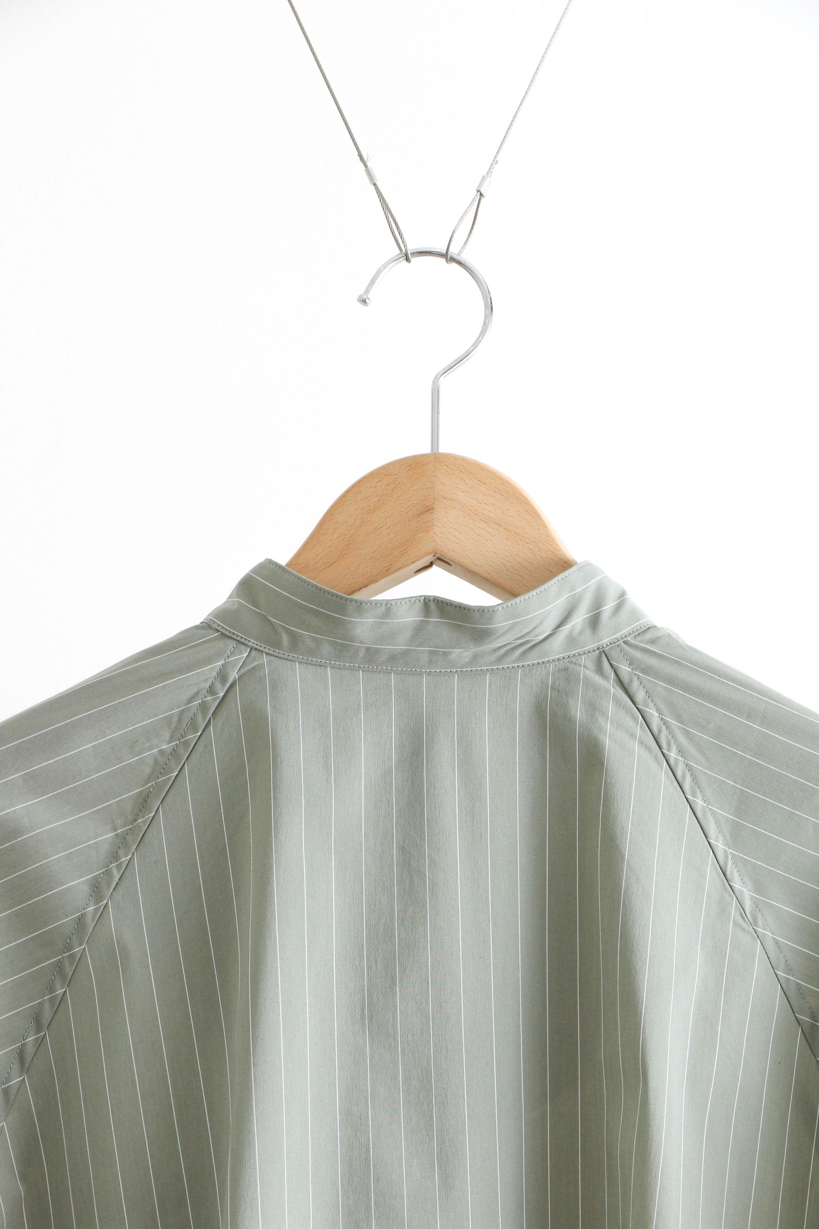 I - Striped Raglan Sleeve Band Collar Shirt SAGE STRIPE | koko