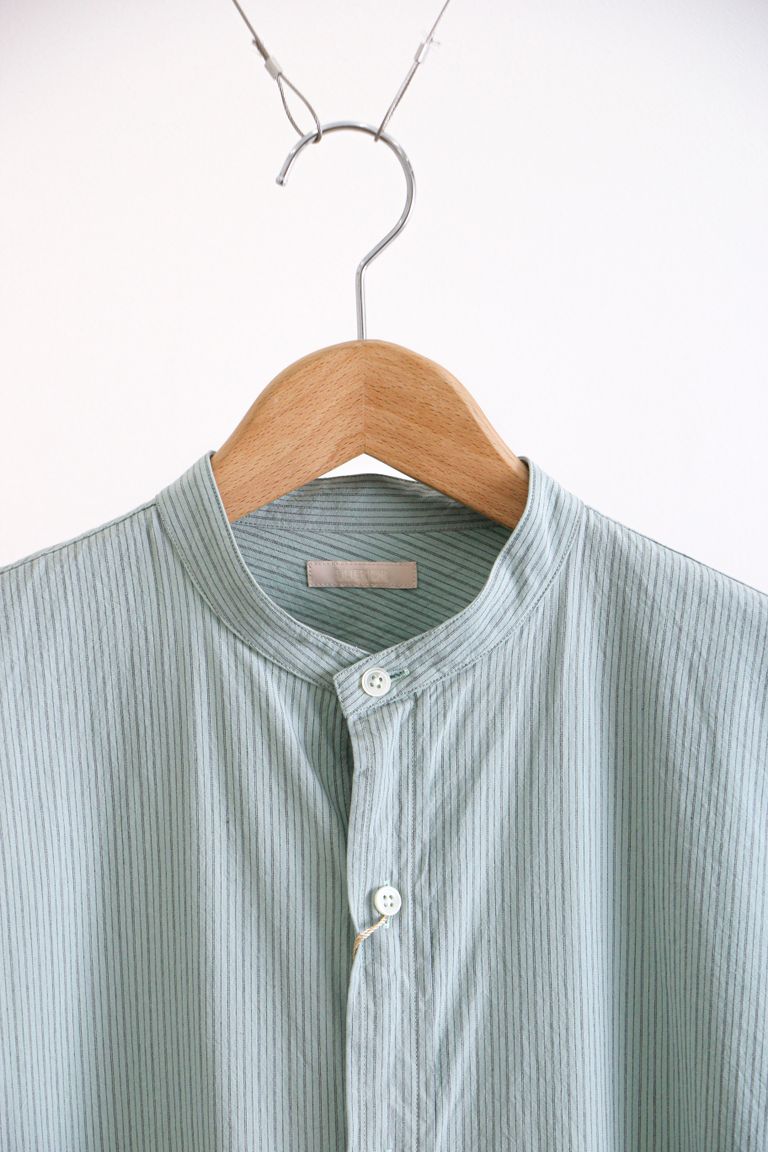 ULTERIOR - POPLIN STRIPE OVERLAID B/C SHIRT L.GREEN / バンドカラー 