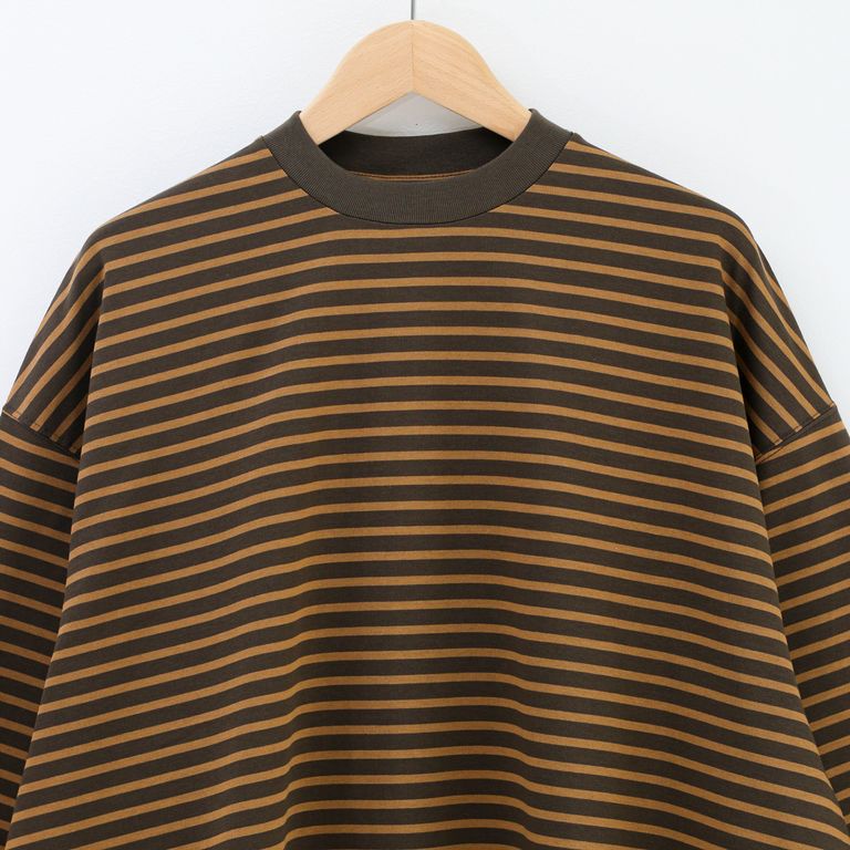 is-ness - BALLOON STRIPES LONG SLEEVE T-SHIRT KHAKI × BEIGE border 