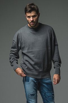 オーバーサイズロングスリーブセーター (チャコール) シルクコットン / クルーネック / 伸縮性有り