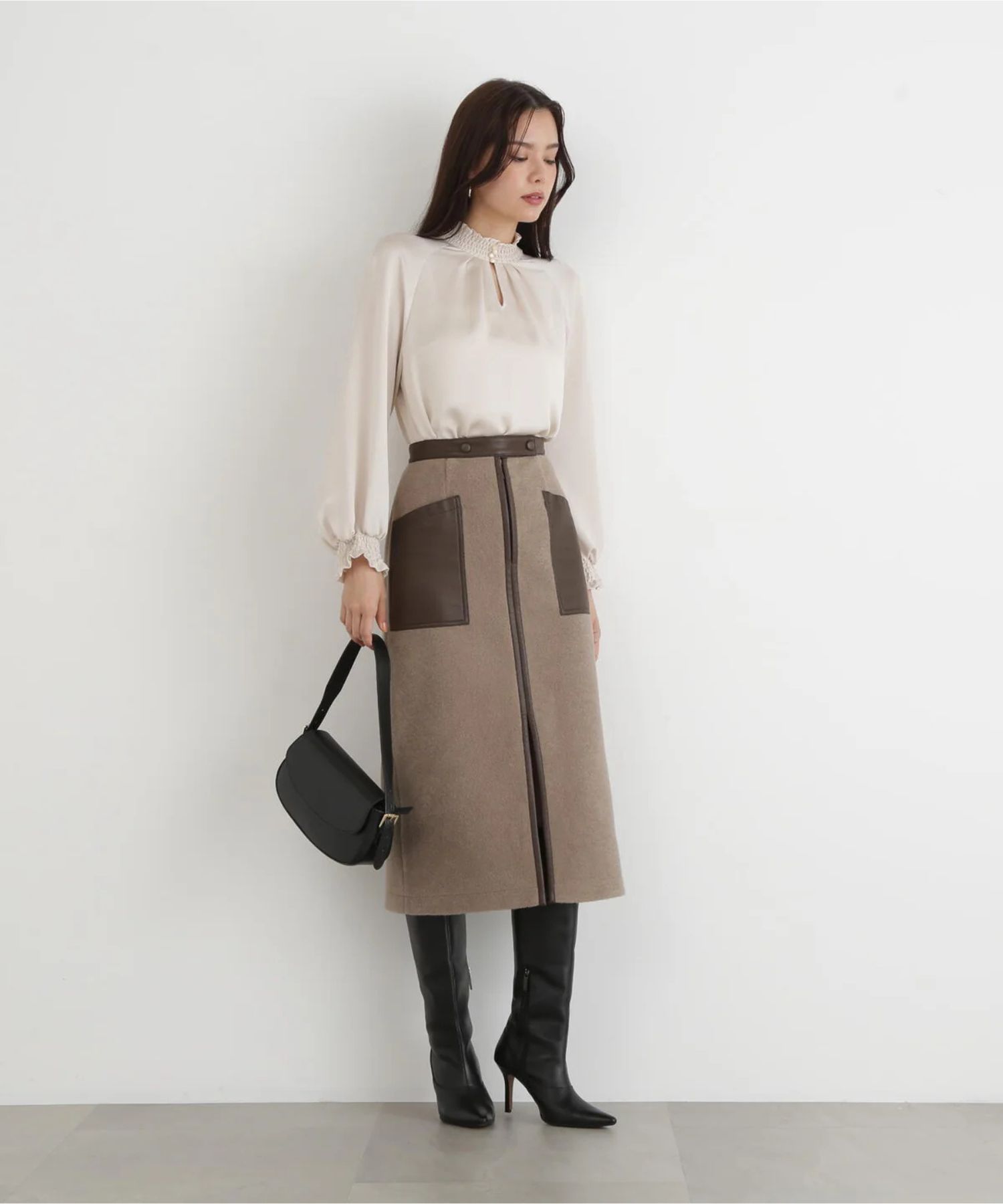 ウールレットジップスカート(トープ)ポリエステル100% / 裏地なし / 前スリット / 0315220106