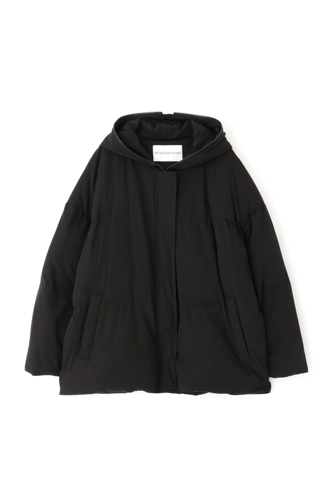 [THE HOLIDAY CLOSET] 中綿フードコート（ブラック）ナイロン / ポリウレタン / タフタ素材 / ストレッチ / 裏地あり / 前ファスナー開き / 軽量 / スポーツ