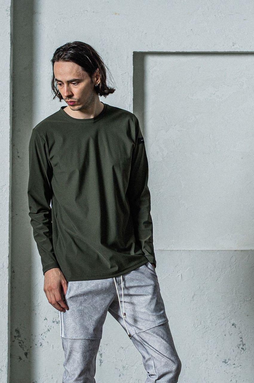 nylon longsleave Tee (カーキ) ナイロン /ボックスシルエ ット / 速乾性 / ストレッチ /  RC35-T-010