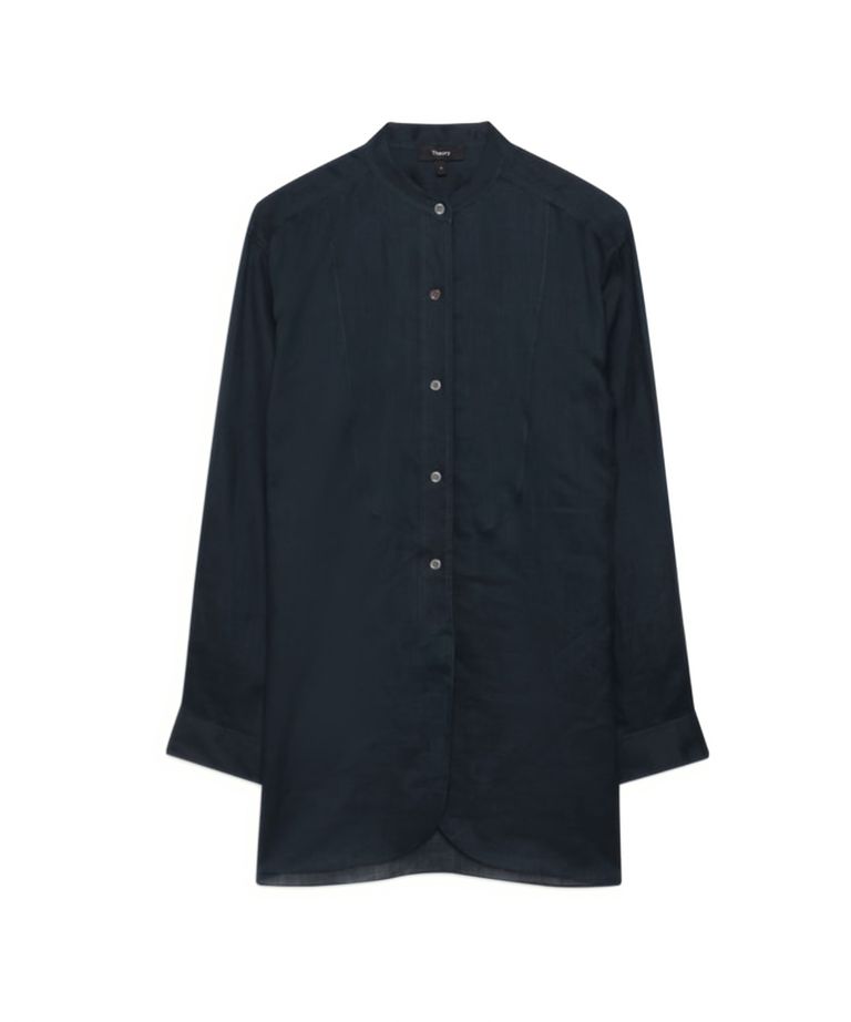 セオリー♡開襟とろみシャツ♡黒 Theory - Ramie Shirt Tuxedo Shirt ( ブライトネイビー) 麻