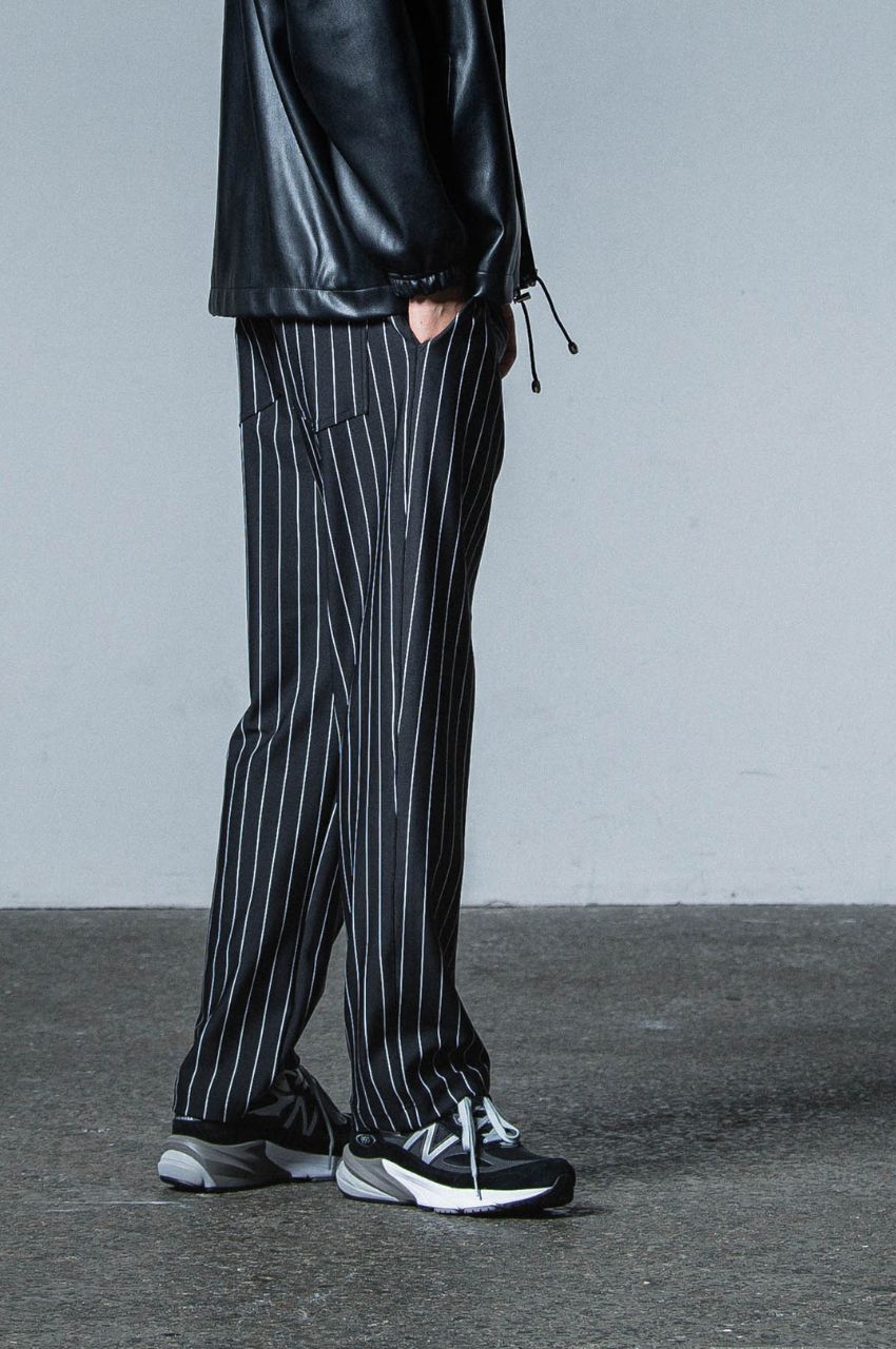CHRIS EASY WIDE TUCK PANTS (BKST) /ポリエステル/ ストライプ柄 / ストレッチ / ワンタック / ベルトループ /  RC33-ST-016WT