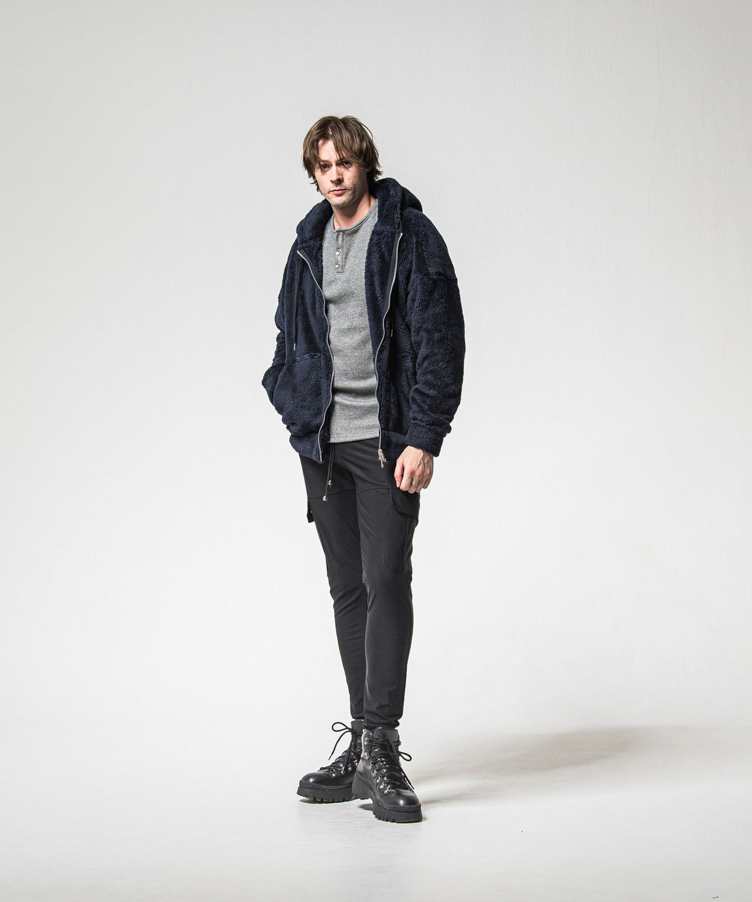 BOA zip loose hoodie (NAVY) ポリエステル / サイドパッチポケット / オーバーサイズ /ドロップショルダー / 軽量 /   RC38-C-007