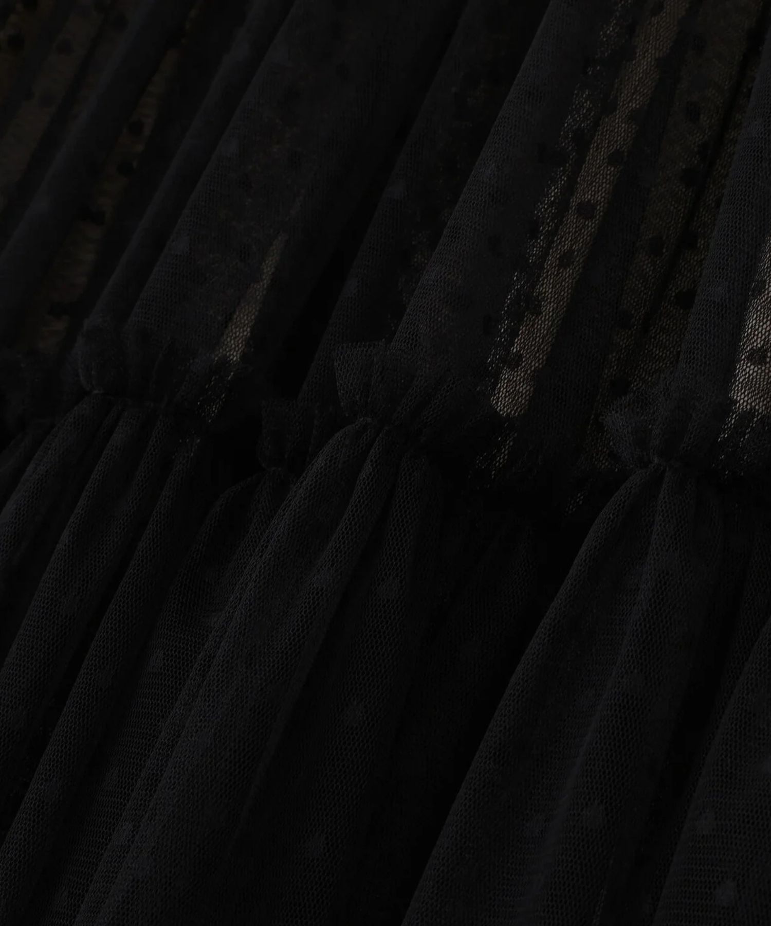 ドットチュールギャザーティアードスカート(ブラック)ポリエステル / ストレッチなし / 裏地付き / 左脇ファスナー / くるぶしくらいの丈 / 0316120122