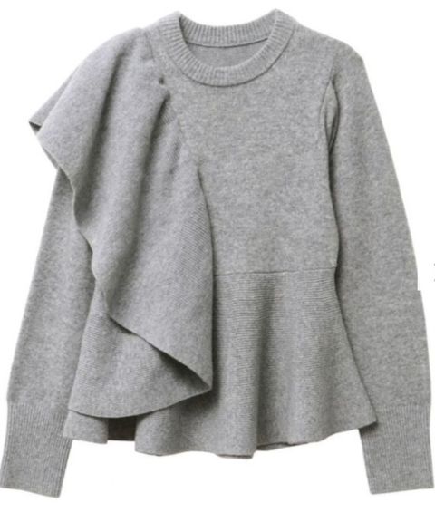 ショルダーフリルペプラムニット(グレー)ポリエステル / アシンメトリーフリルディテール / 5125626212