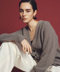 チャンキーニットカーディガン(カーキグレー)ナイロン / ミドルゲージ畦編み / KRUVGW0505