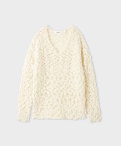 オーバーサイズVネックチャンキーニット(ホワイト)羊毛 / 深めVネック / 太めスラブ糸 / MWNT261004