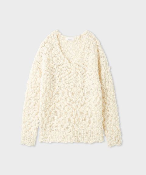 オーバーサイズVネックチャンキーニット(ホワイト)羊毛 / 深めVネック / 太めスラブ糸 / MWNT261004