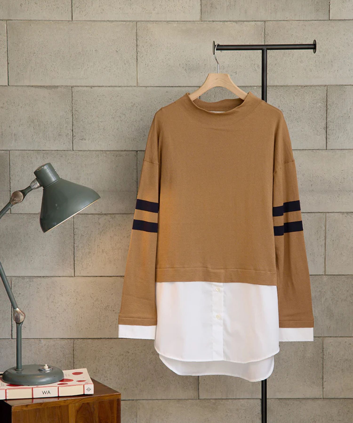 SEAISLAND COTTON LAYERED TUNIC (CAMEL) 綿 / 袖ライン / 柔らかい / シャツドッキングデザイン / ADWS-501-17