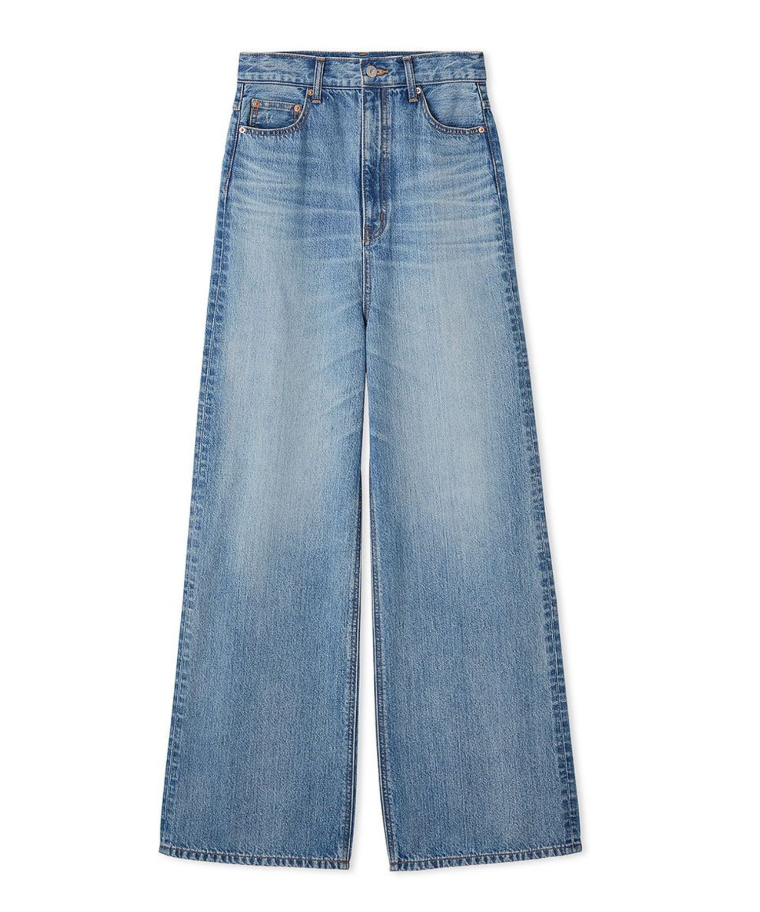 ハイウエストワイドデニムパンツ (LBLU) 綿 / 撥水 / メイドインJAPANファブリック / 脚長美脚シルエット / 09WFP254002