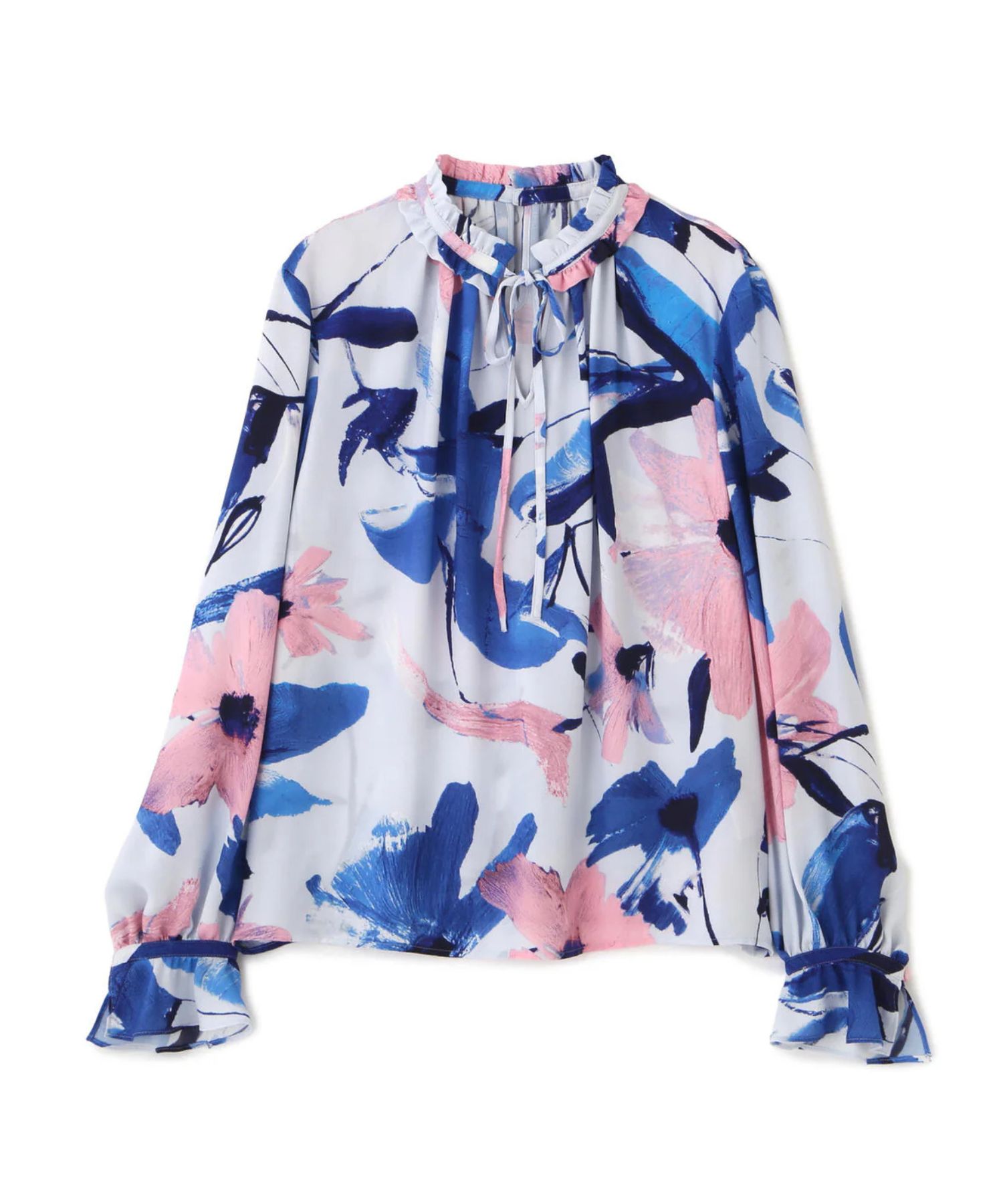 フラワープリントギャザーブラウス(ブルー系)ポリエステル / ストレッチ性無し / 裏無し / 後ろボタンあきありのかぶり / 0316110120