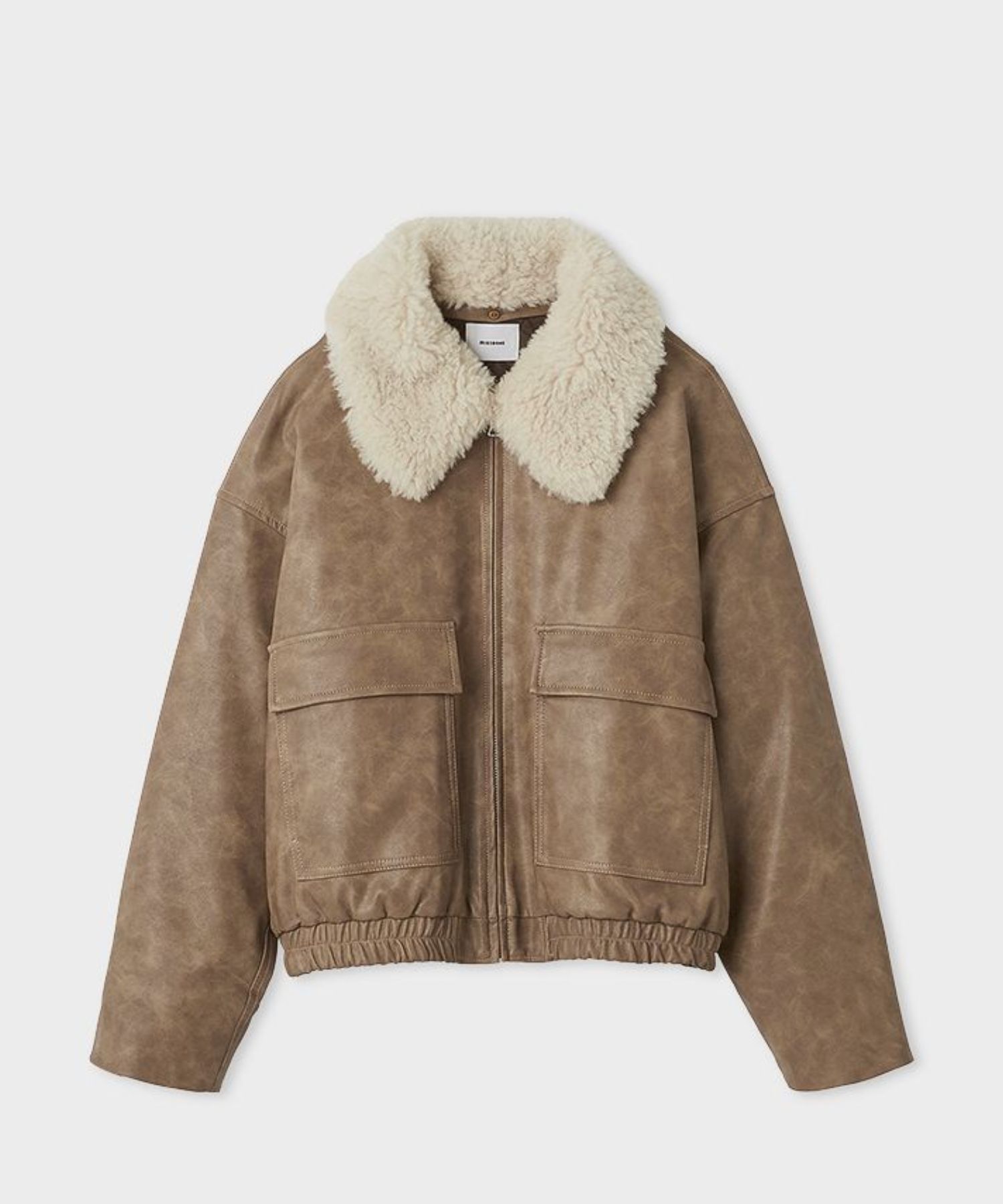 ファー衿ショートブルゾン(ベージュ)合成皮革 / 取り外しファー衿付き / コクーンシルエット / MWFJ255013