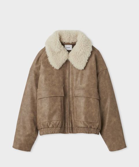 ファー衿ショートブルゾン(ベージュ)合成皮革 / 取り外しファー衿付き / コクーンシルエット / MWFJ255013