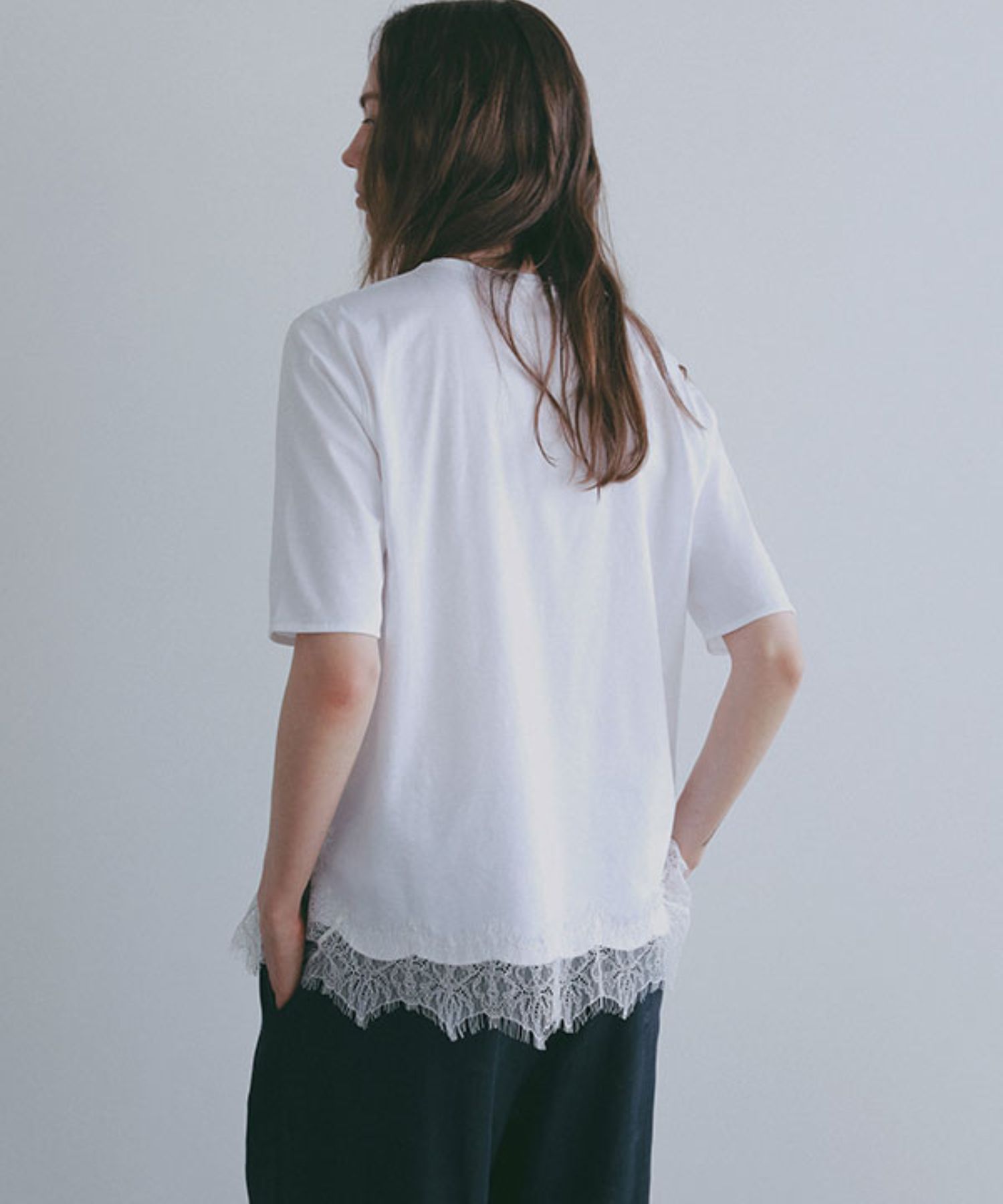 クルーネックヘムレースTee ( WHITE ) 綿 / 通気性有り / 薄手 / 手洗可 / 1226212194