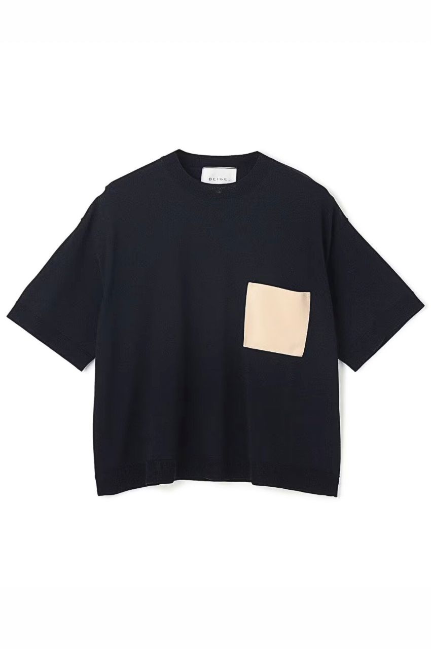 NADIA / レザーポケット付き半袖ニットTシャツ(ネイビー) レーヨン / ストレッチ / クルーネック/ 手洗い可/  KRCWGM0404
