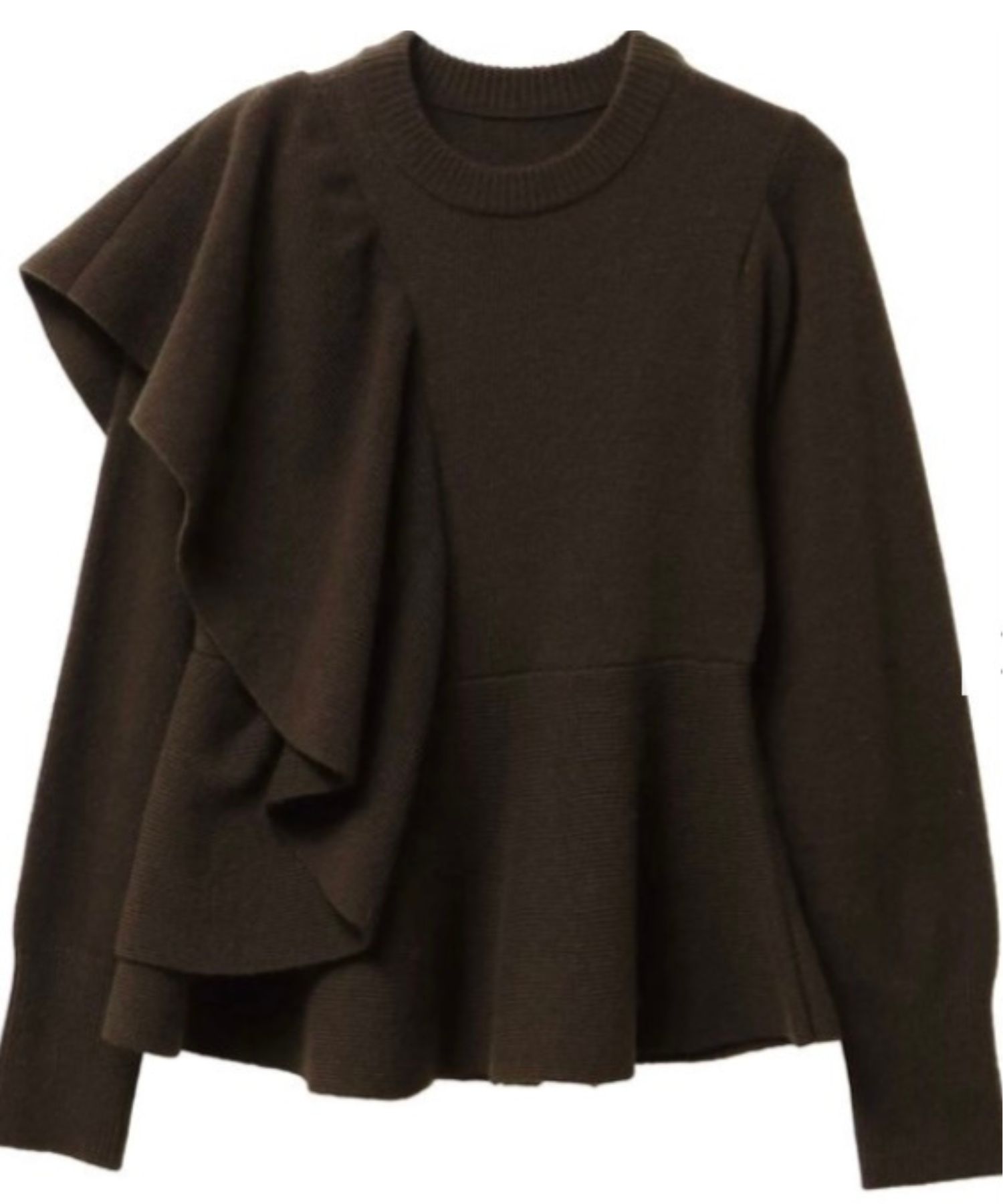 ショルダーフリルペプラムニット(ブラウン)ポリエステル / アシンメトリーフリルディテール / 5125626212