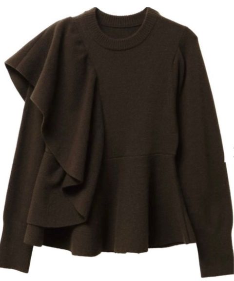 ショルダーフリルペプラムニット(ブラウン)ポリエステル / アシンメトリーフリルディテール / 5125626212