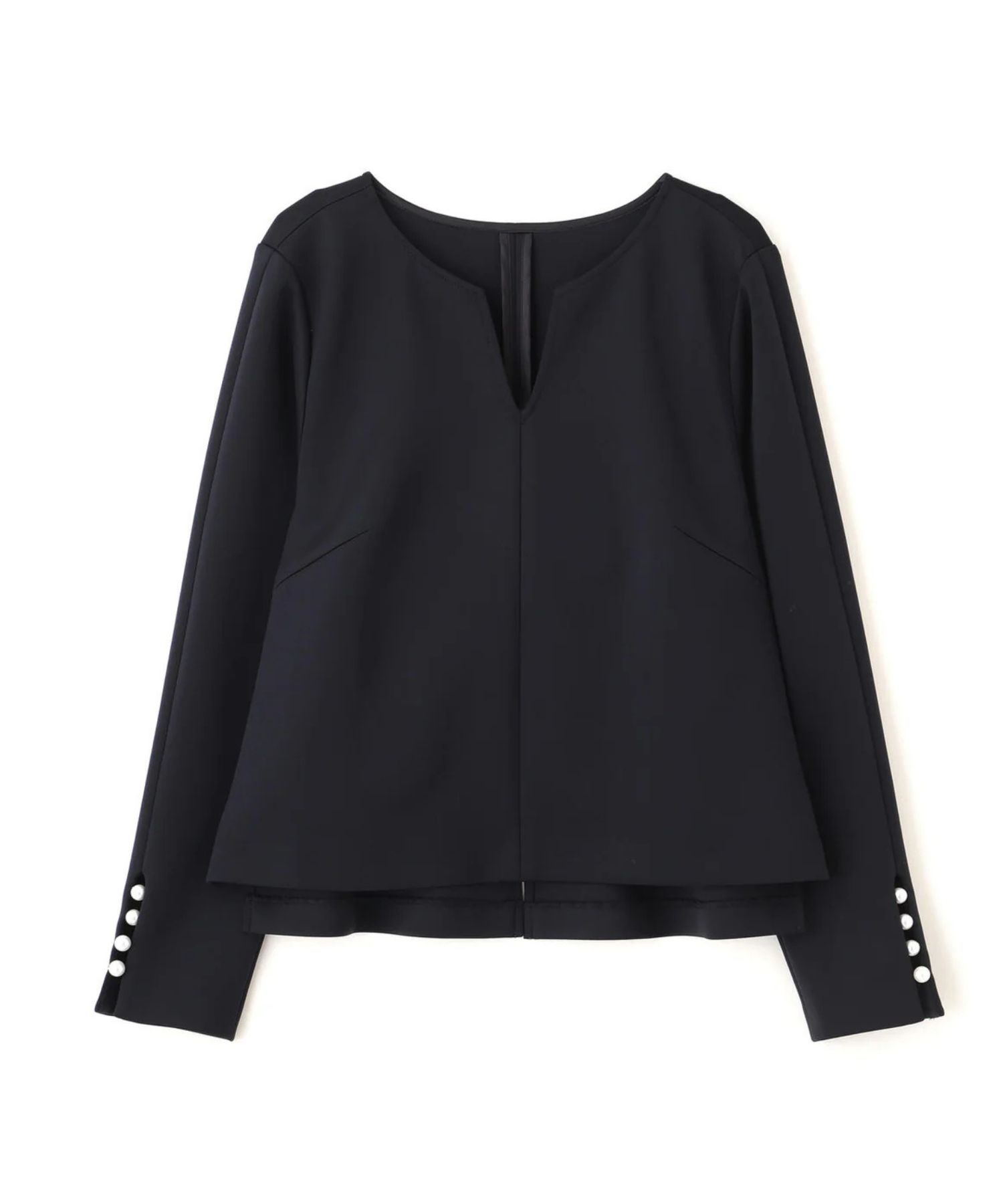 パールビーズスリーブジャージトップス(ネイビー) ポリエステル / ストレッチあり / 裏地なし / かぶって着用 / 後・脇にスリットあり / 袖口スリットに飾りパール釦 / 0316110116