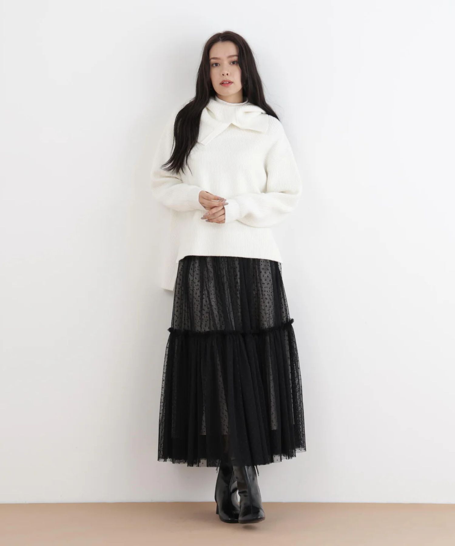 フードスヌード付きニットプルオーバー(ホワイト)アクリル / ストレッチあり / かぶって着用 / スヌード付き/ 0316170131