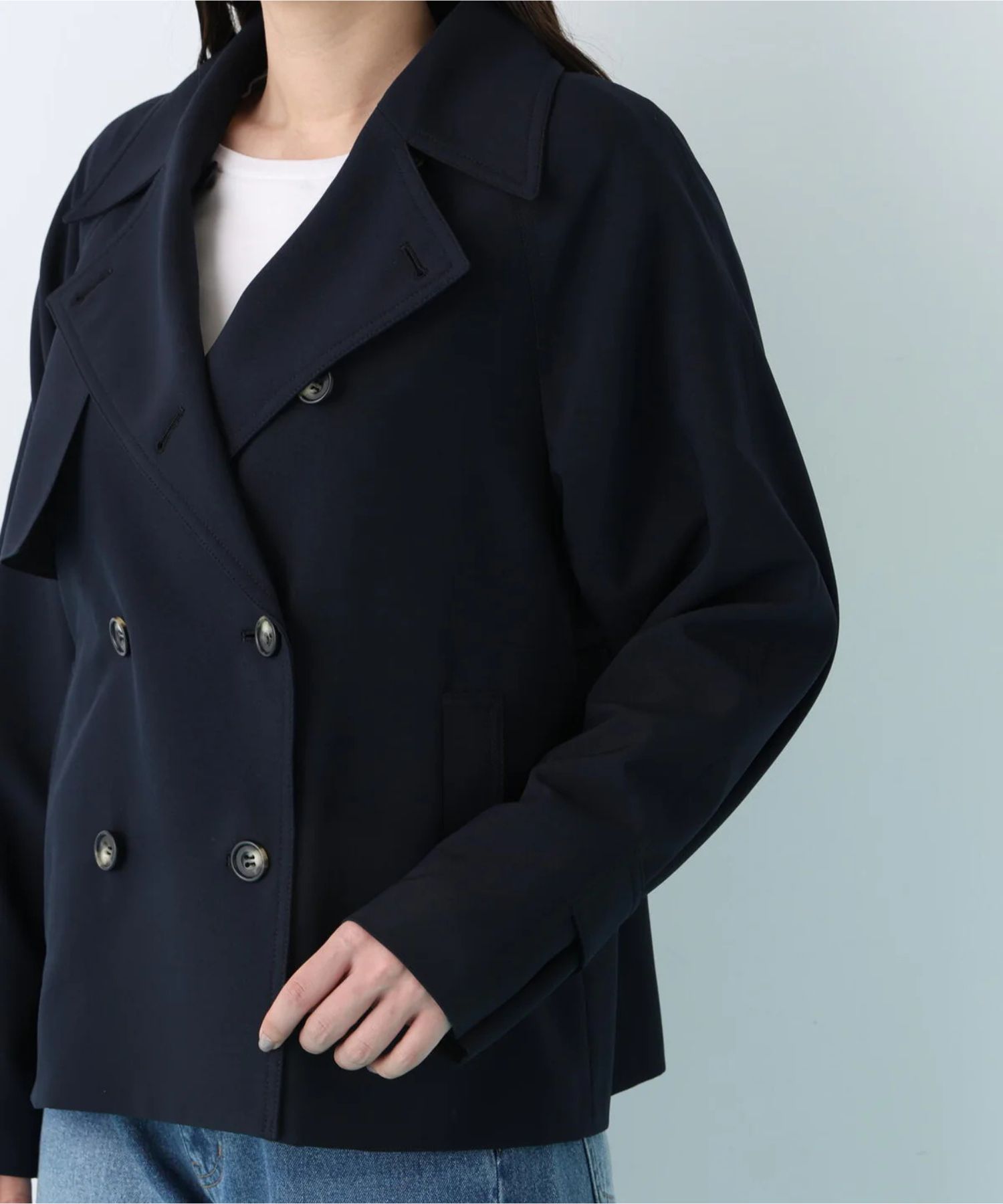 ソフトオックスショートトレンチコート(ネイビー)ポリエステル / ストレッチあり / 前釦あき / 前ポケット×2 / 0316151221