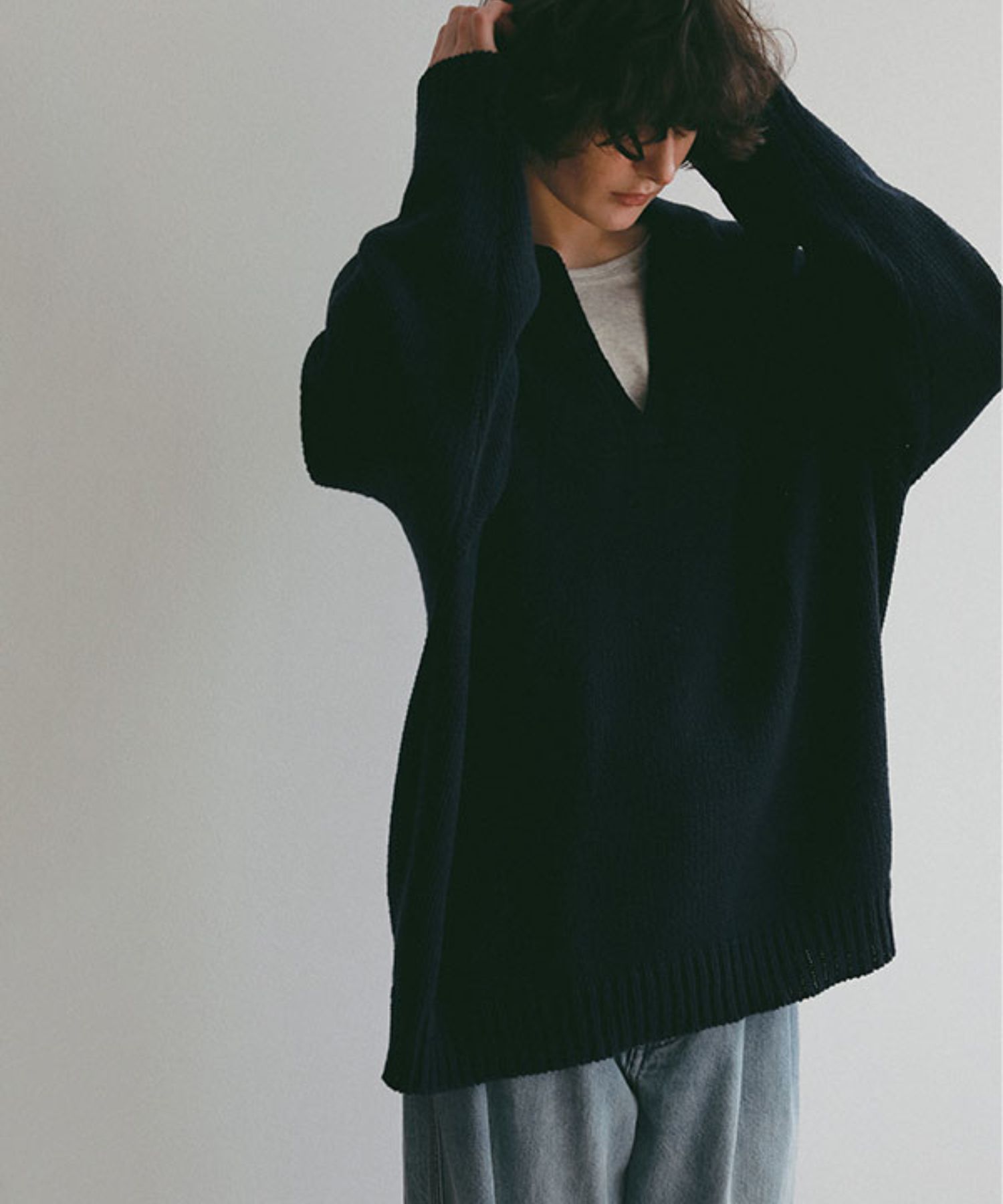 オーバーサイズスキッパーニットプルオーバー (NAVY) 綿 / ドライタッチ / 袖口と裾リブ / 柔らかい / 1226111045