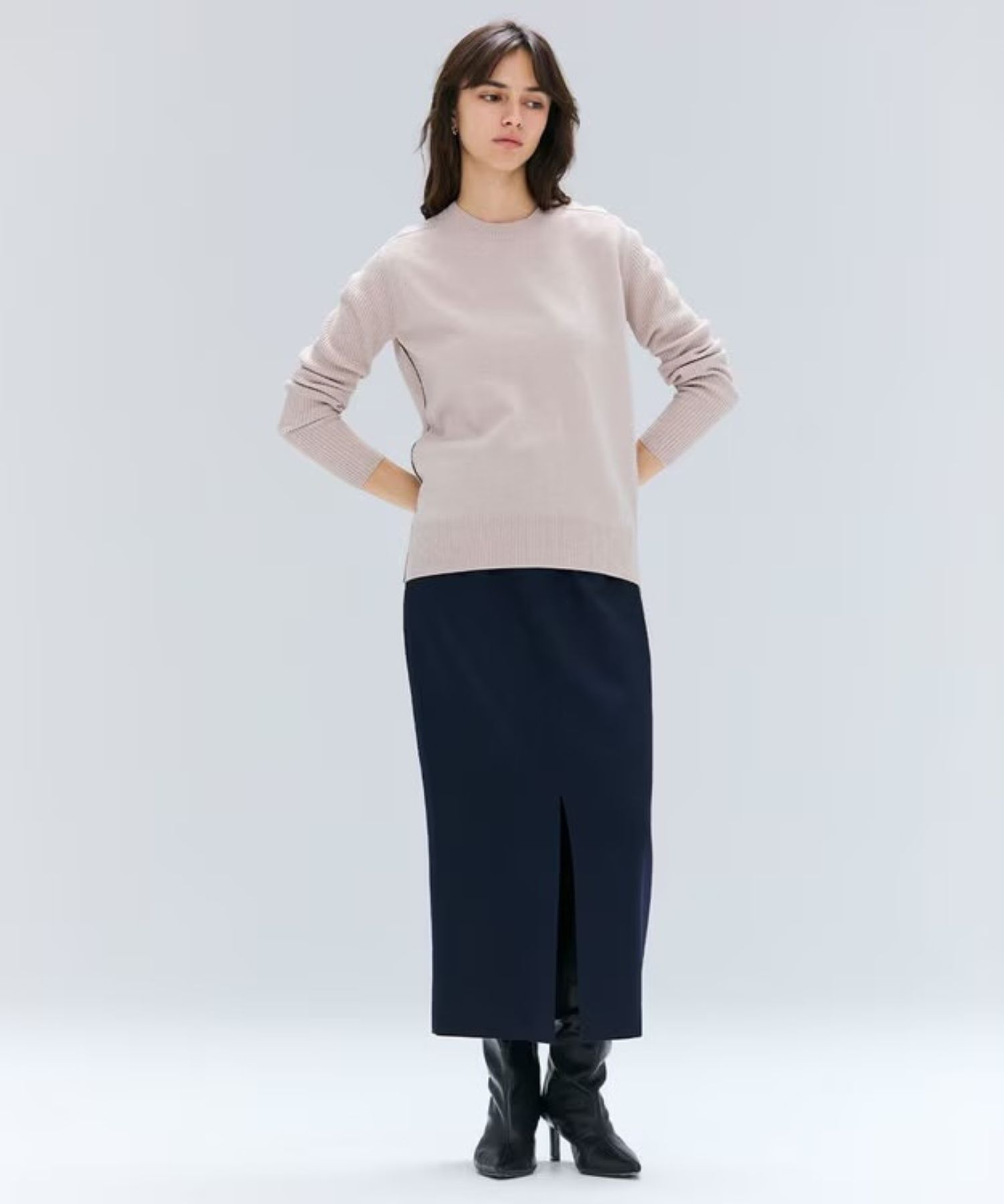 POMPE / ウールカシミヤ配色ラインクルーネックニット (Taupe×Bordeaux ) ウール / 手洗可 / カシミア混 / KRCWGW0400