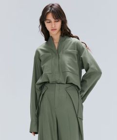 TERNES / ビックポケットプルオーバーウールブラウス( L.Khaki ) 毛 /  スキッパーネック/ドロップショルダー / 胸元 ポケット / BLCWGW0409