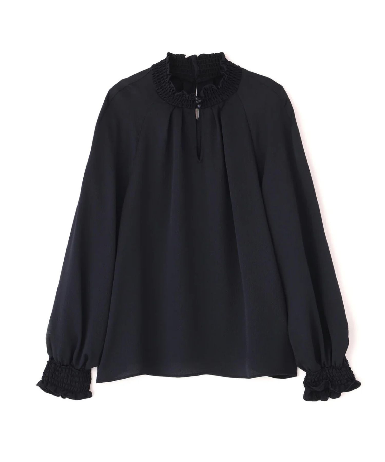 シャーリングネックギャザーブラウス(ネイビー)ポリエステル / ウォッシャブル / 手洗い可 / ストレッチあり / 裏地無し / 衿と袖口にシャーリング / 後衿スナップあき / 0315210120