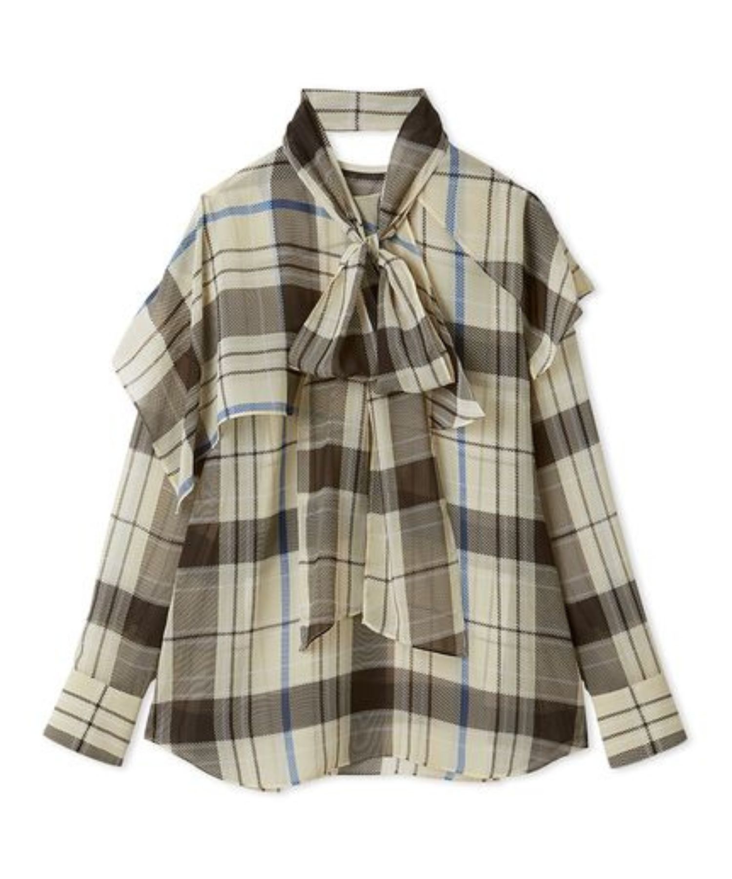 チェックボウタイブラウス (BEG) ポリエステル /ボウタイ取外し可能 / シアー / 柔らかい  / 09WFB261109