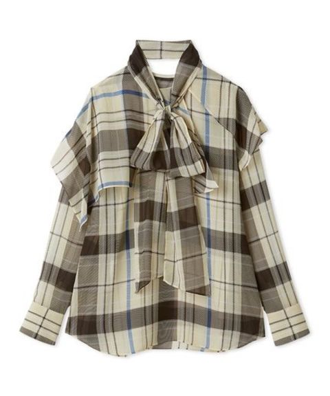 チェックボウタイブラウス (BEG) ポリエステル /ボウタイ取外し可能 / シアー / 柔らかい  / 09WFB261109