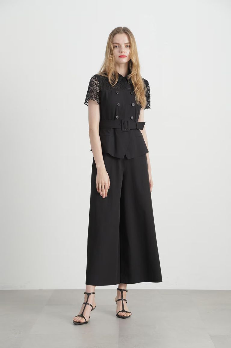 open collar belted assort l/s jump suit / 開襟ベルト付き