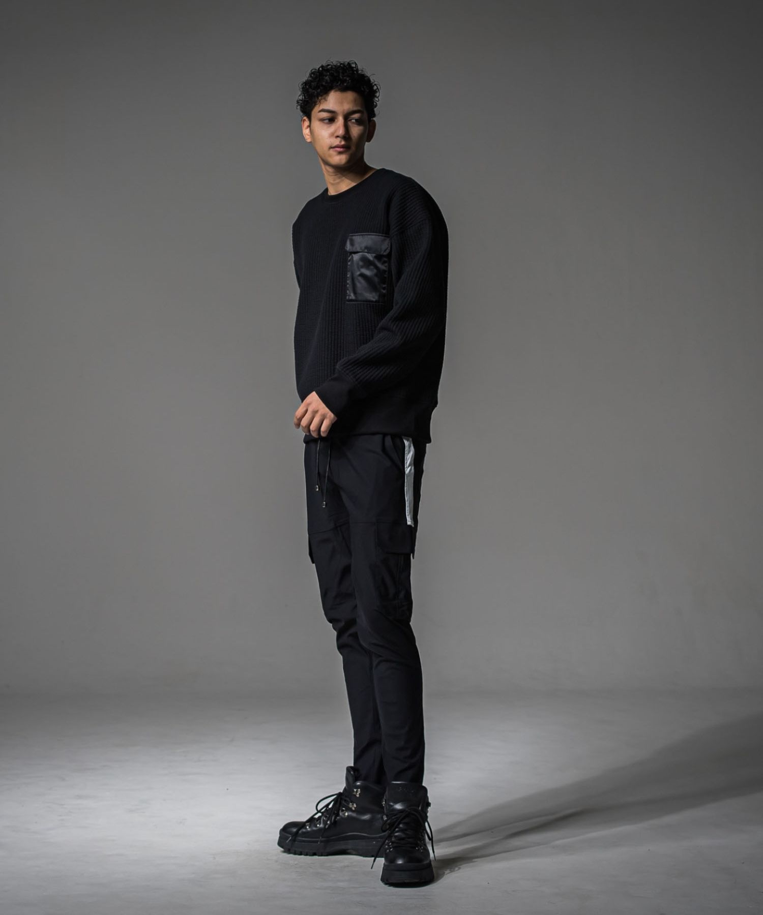 Stripe quilting drop trainer (BLACK) コットン /   ストレッチスウェット / 胸ポケットサテン / キルティング / RC37-C-003