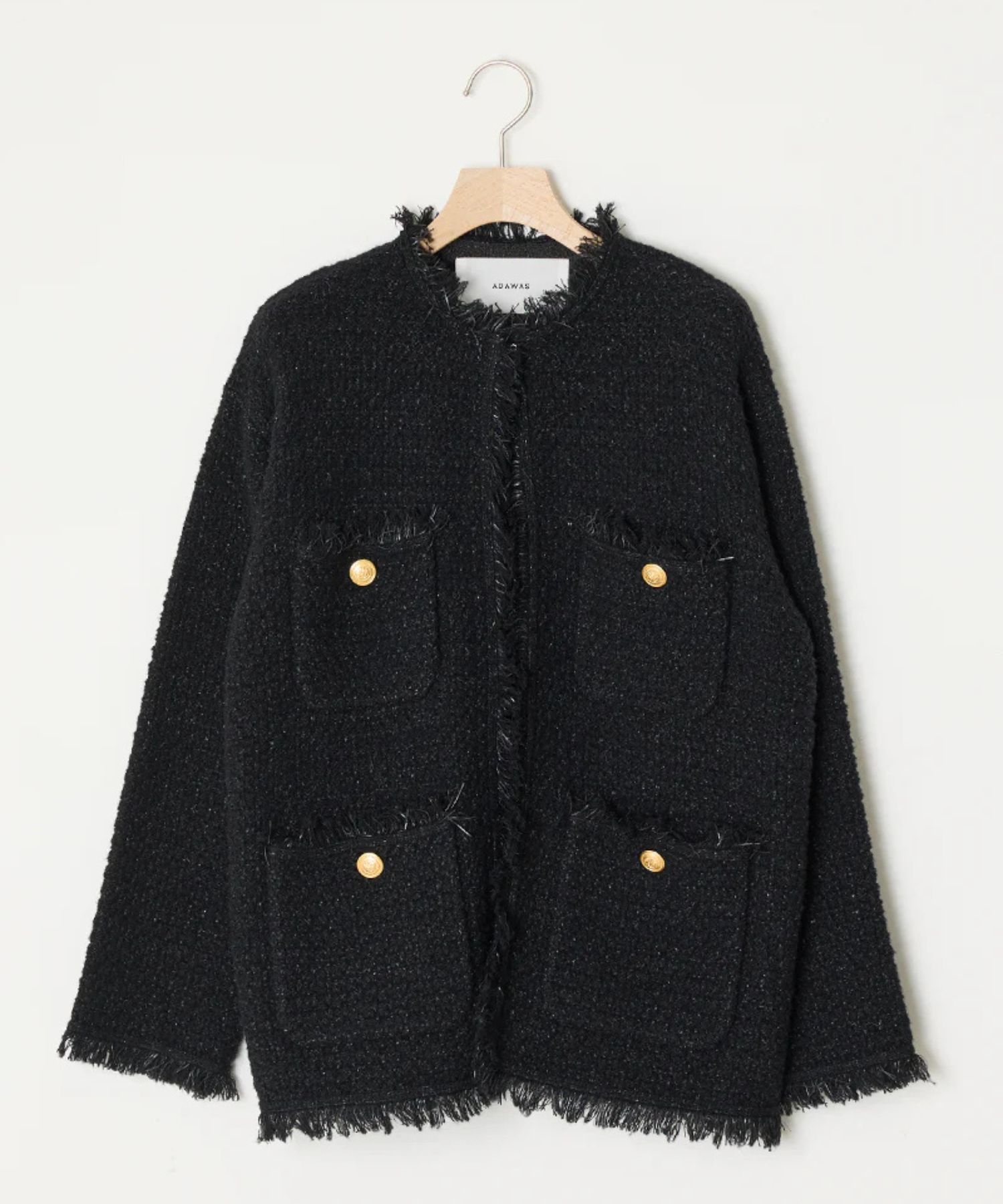 TWEED KNIT JACKET ( BLACK) ポリエステル / 異素材MIX / ノーカラー / 金釦 /ADWS-501-29