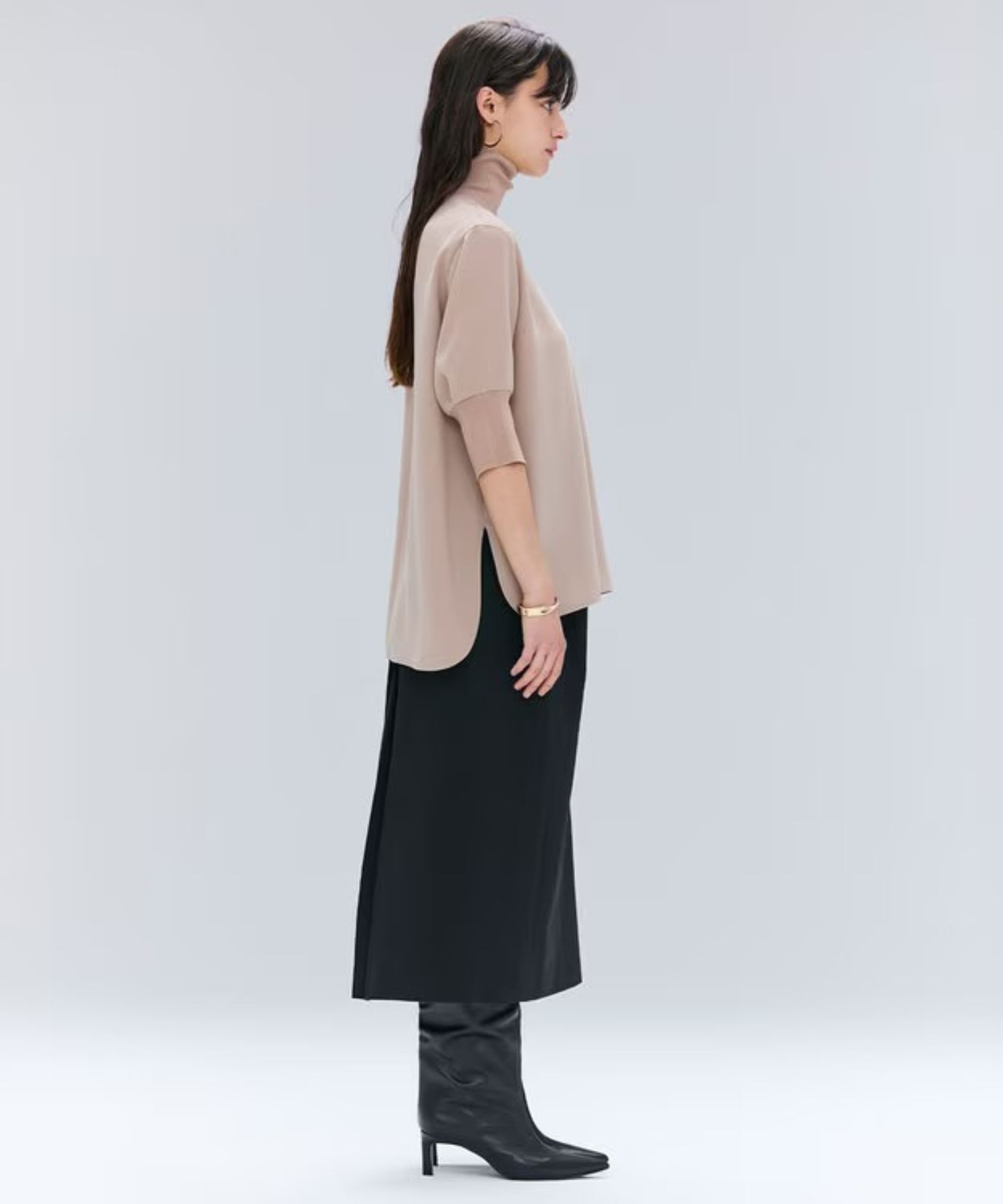 FLEUR/ニットコンビハイネック半袖ブラウス(Beige)トリアセテート / ウォッシャブル / 手洗い可 / BLCWGA0214