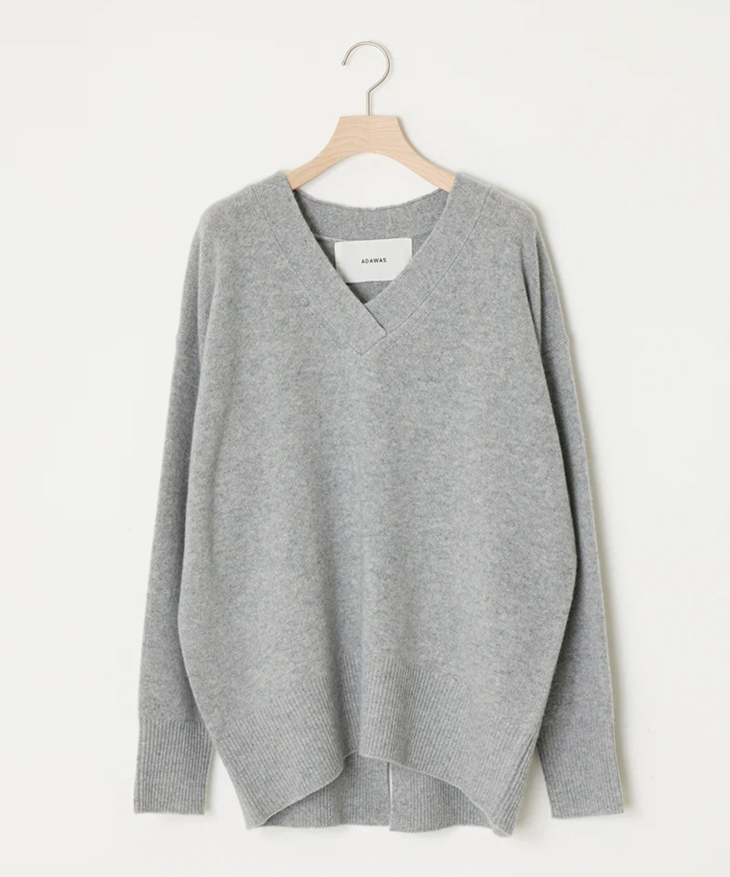 CASHMERE-BLEND V-NECK (GREY) 毛 / カシミア混 /後ろ裾スリット / 前後差レングス / ADWS-501-38