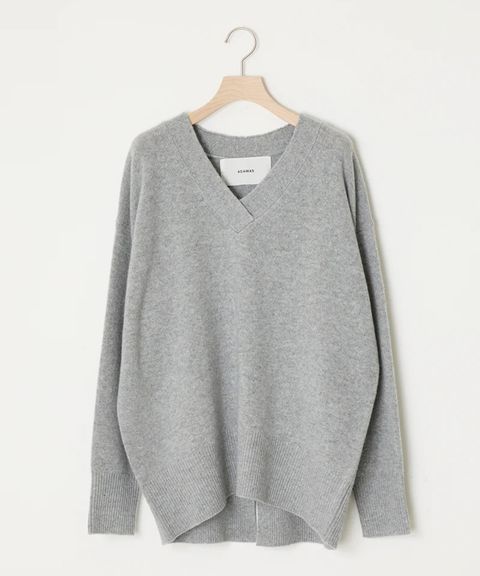 CASHMERE-BLEND V-NECK (GREY) 毛 / カシミア混 /後ろ裾スリット / 前後差レングス / ADWS-501-38