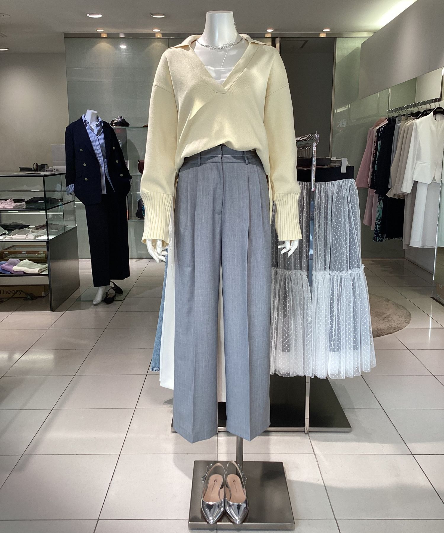 ラインベルトワイドパンツ(グレー)ポリエステル / ウォッシャブル / 手洗い可 / ワイドストレートパンツ / 5126207110