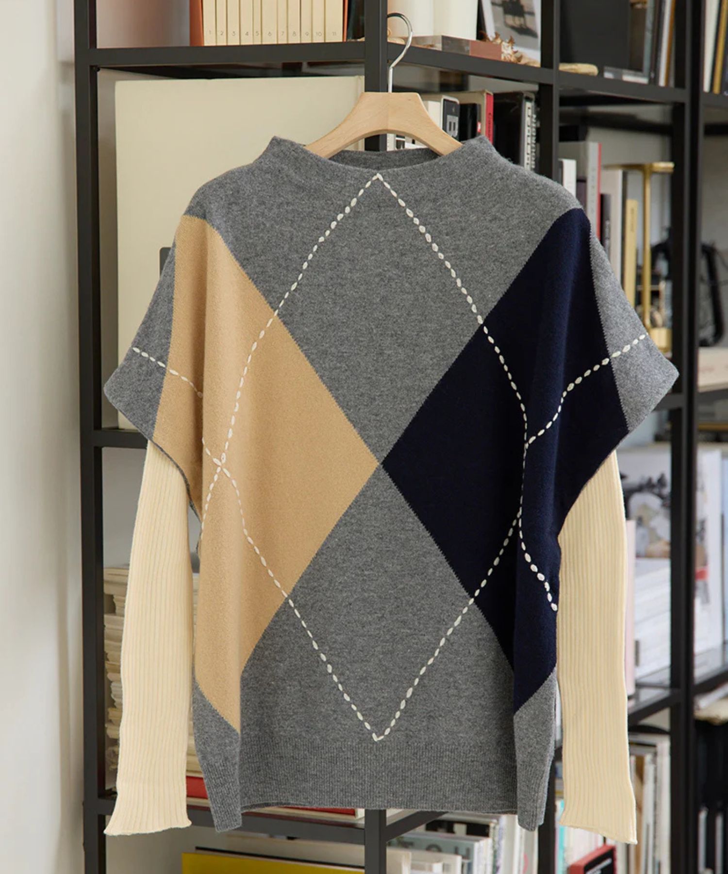 ARGYL INTARSIA VEST (CLOUD) 毛 / ハンドステッチ / 柔らかい /  ADWS-501-27