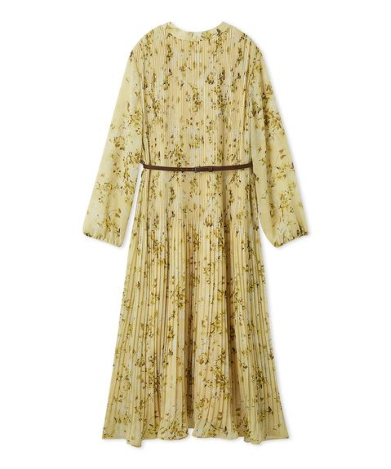 プリーツ花柄ベルト付きワンピース ( YEL ) ポリエステル / 裏地有り / シフォン素材 / 透け感有り / 09WFO261045