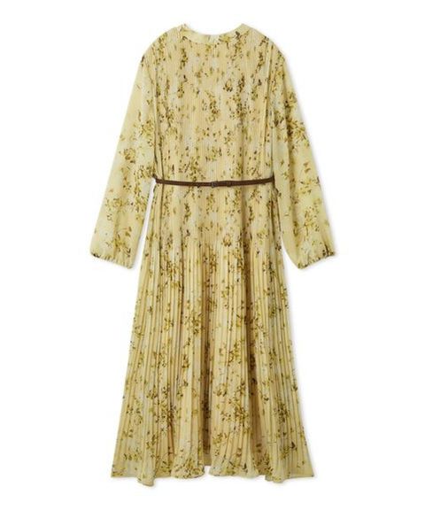 プリーツ花柄ベルト付きワンピース ( YEL ) ポリエステル / 裏地有り / シフォン素材 / 透け感有り / 09WFO261045