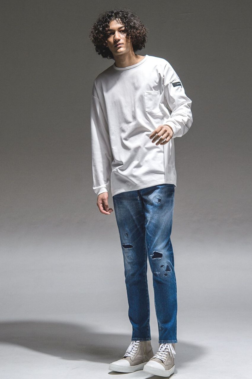 Double LOOSE pocket LONG TEE WHITE / シルキータッチ ロングスリーブルーズTシャツ