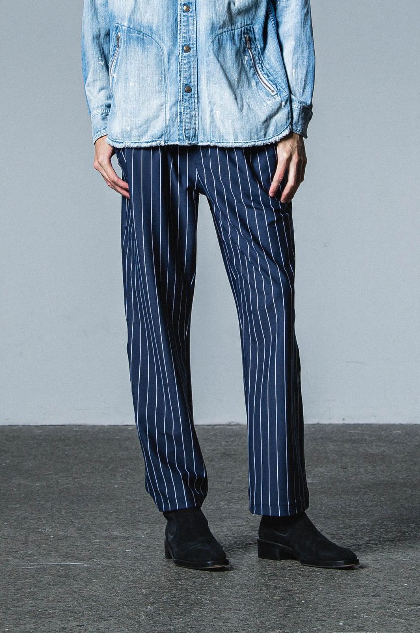 CHRIS EASY WIDE TUCK PANTS (NAVYST) /ポリエステル/ ストライプ柄 / ストレッチ / ワンタック / ベルトループ /  RC33-ST-016WT