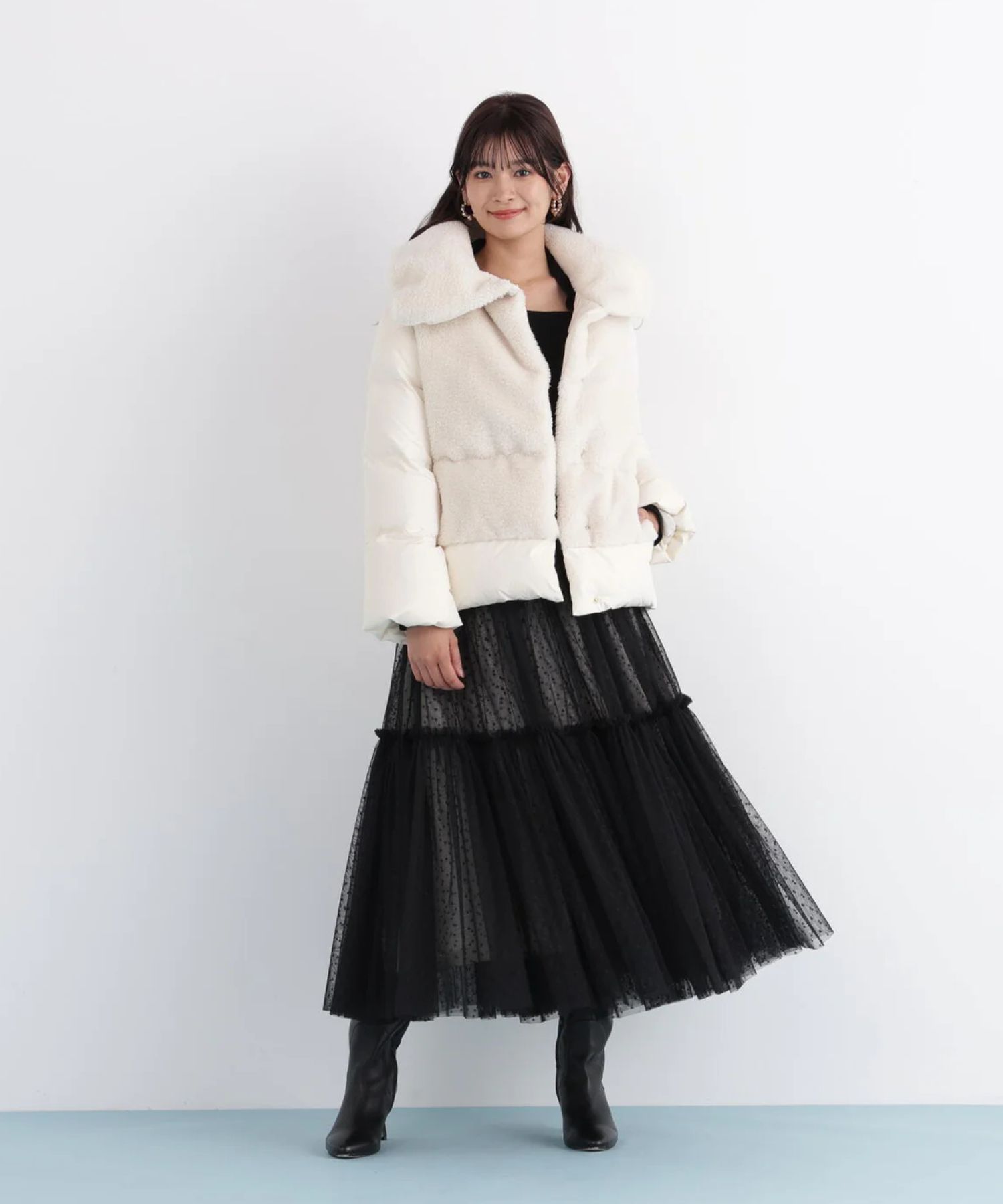 ファーコンビビックカラーミドルダウンコート(エクリュ)ナイロン / 前ドット釦あき / 裏地付き / ポケット×2 / 0315252102