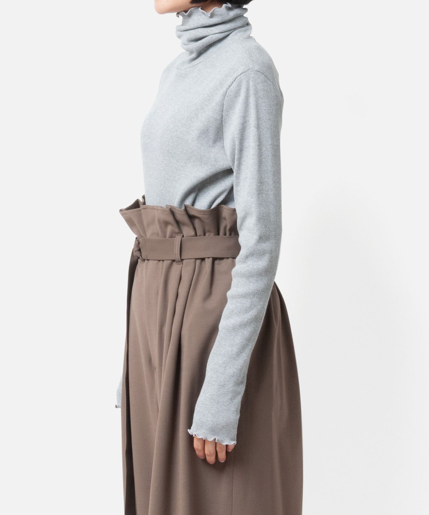 [Harriss × Keiko Okamoto] Cut-rib long turtleneck sweater (Gray) 綿 / ロングタートルネック / メローロック / 手洗可 / OK252-45231