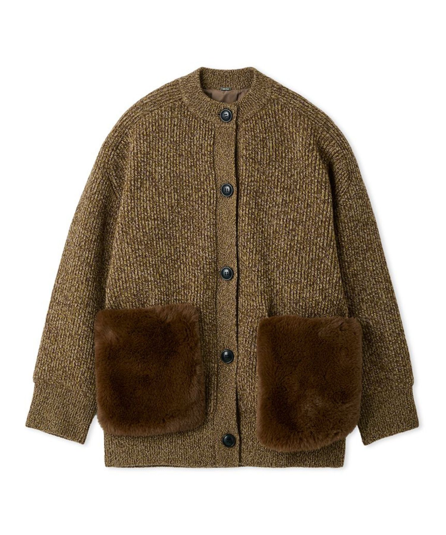 2WAYファーポケットMIXヤーンカーディガン ( BEG ) 羊毛  / ファー取り外し/ 裏地 / リブ編み /  09WND255102